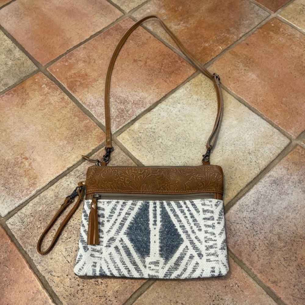 MYRA TOOLED LEATHER TWILL COTTON CROSSBODY/CLUTCH BAG